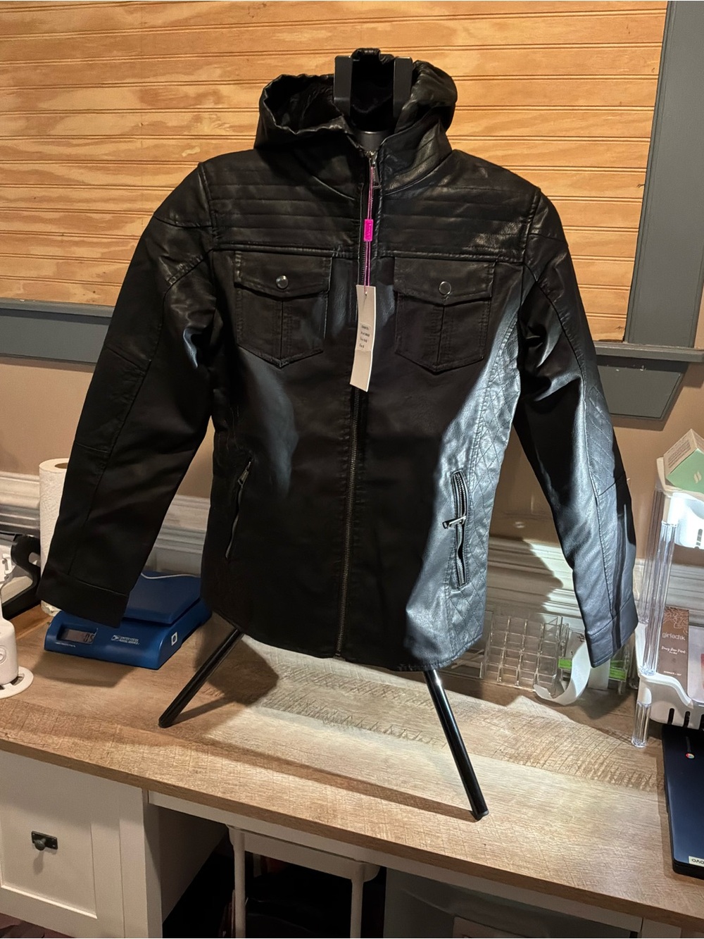 Danesi Black Hooded Faux Leather Jacket Size M